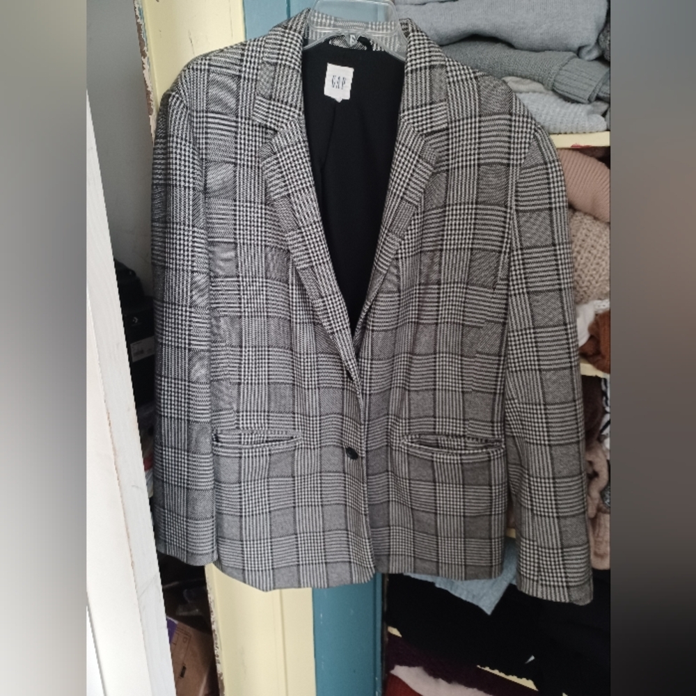 GAP Women Checkered Blazer in Black and White Size 18/20